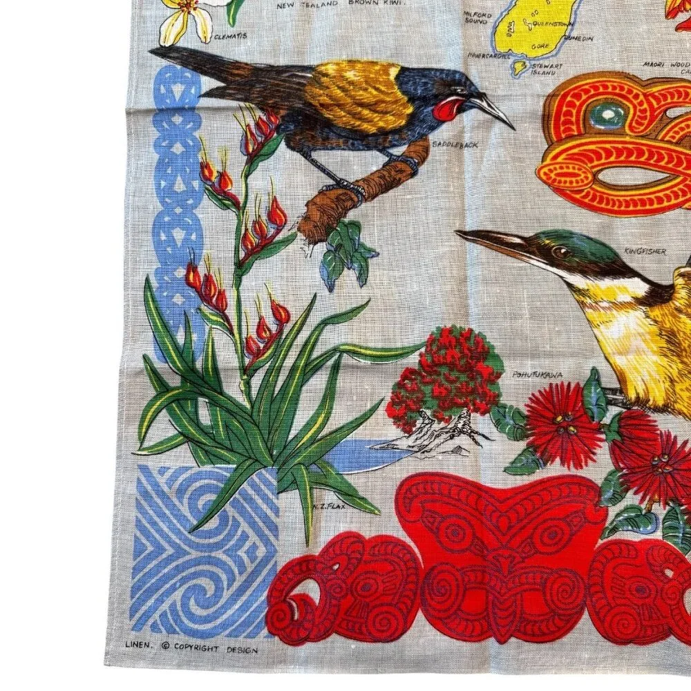 VTG Unused New Zealand Linen‎ Tea Towel Birds Flowers Map Design Souvenir Retro